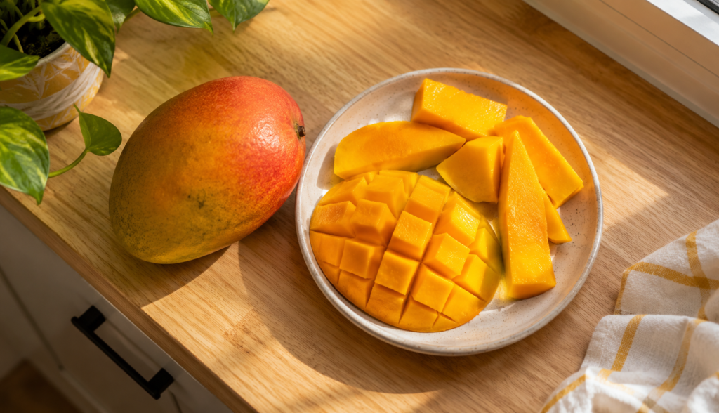 Whole mango and sliced chunks on wooden kitchen counter