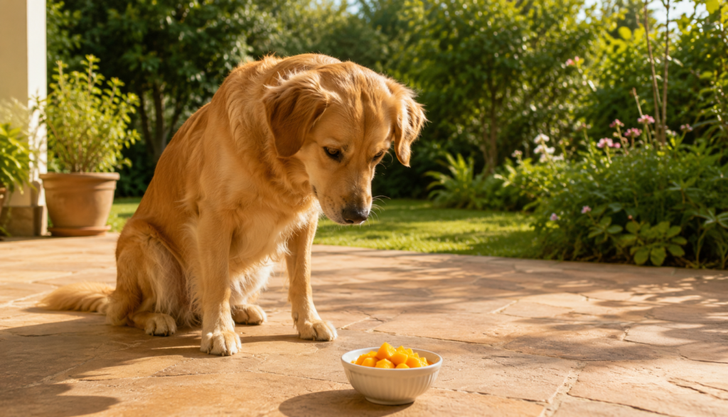 Golden dog sitting attentively in front of bowl of mango chunks