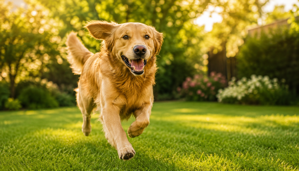 Happy energetic dog running across bright green backyard