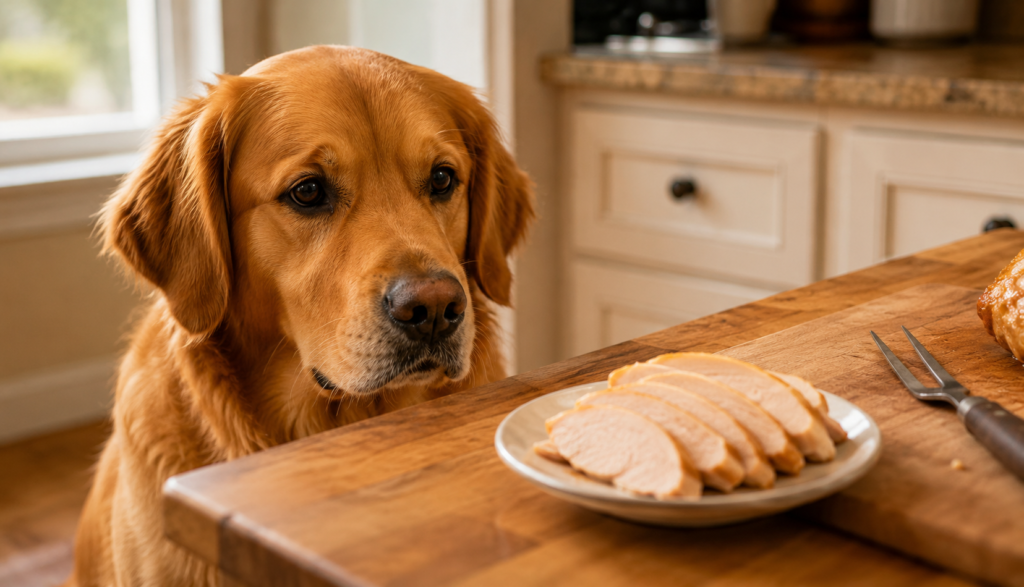 Hopeful Golden Retriever beside plain cooked turkey breast