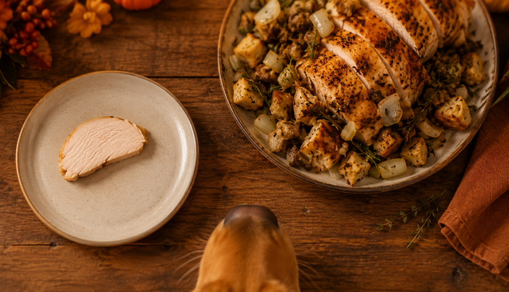 Plain turkey beside seasoned Thanksgiving turkey stuffing risk
