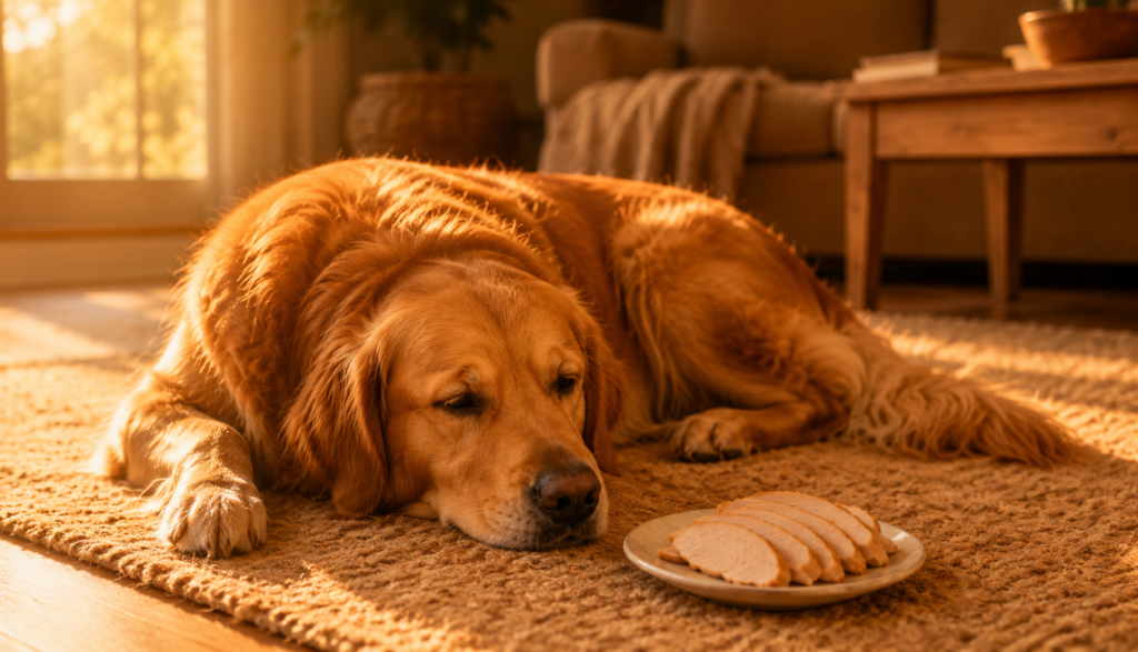 Relaxed Golden Retriever resting near plain cooked turkey