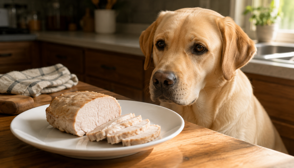 Eager Labrador Retriever beside plain cooked pork on plate