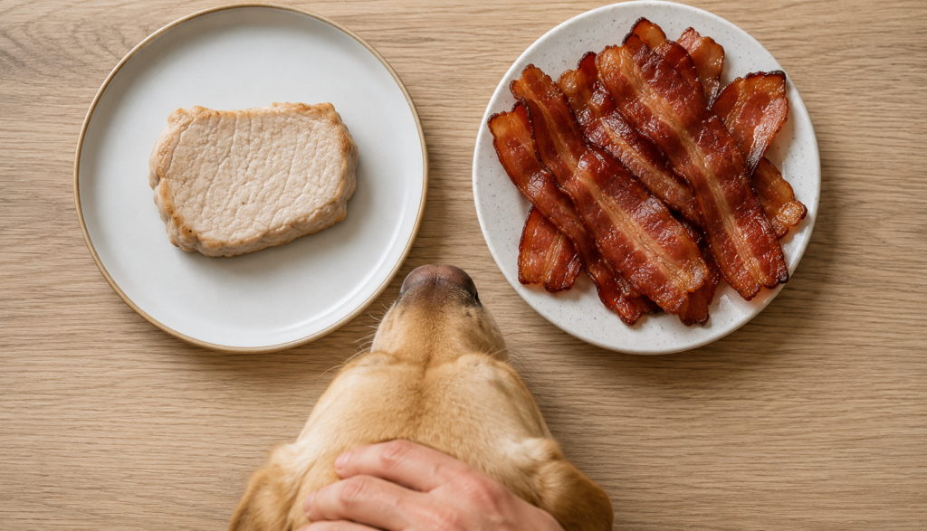 ChatGPT Image Jul 1, 2026, 12_26_36 AM Plain cooked pork beside bacon showing processed pork risk