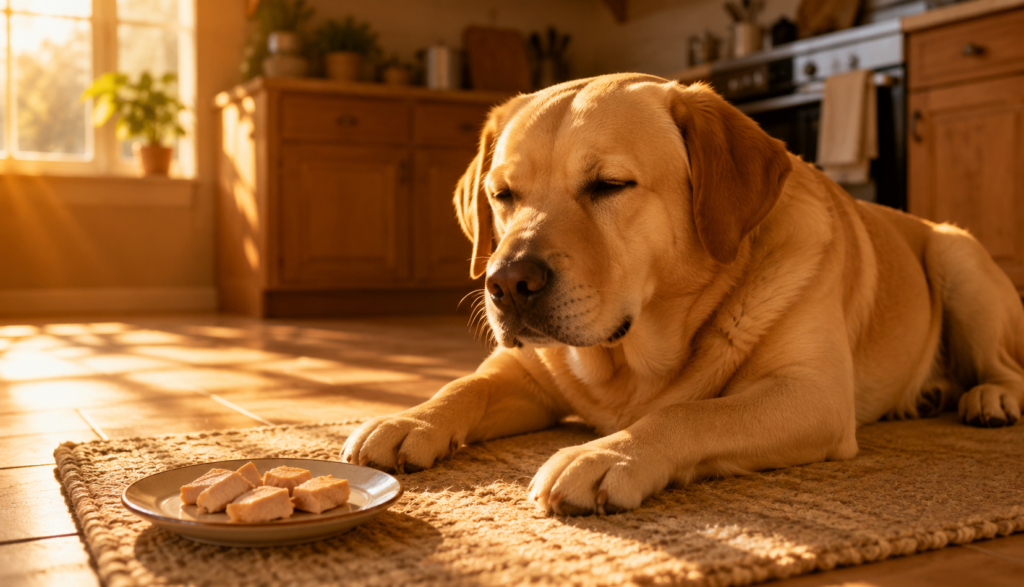 ChatGPT Image Jul 1, 2026, 12_31_31 AM Relaxed Labrador resting near plate of plain cooked pork