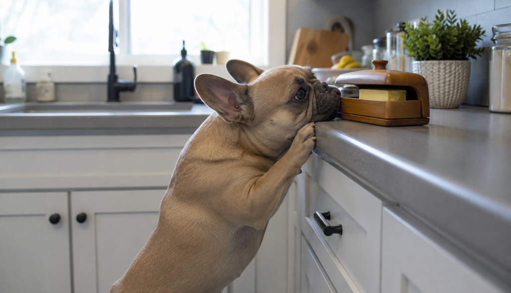 French Bulldog stretching to reach butter dish on kitchen counter