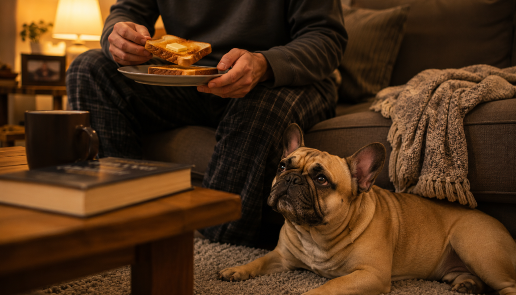 French Bulldog relaxing as owner keeps buttered toast to themselves