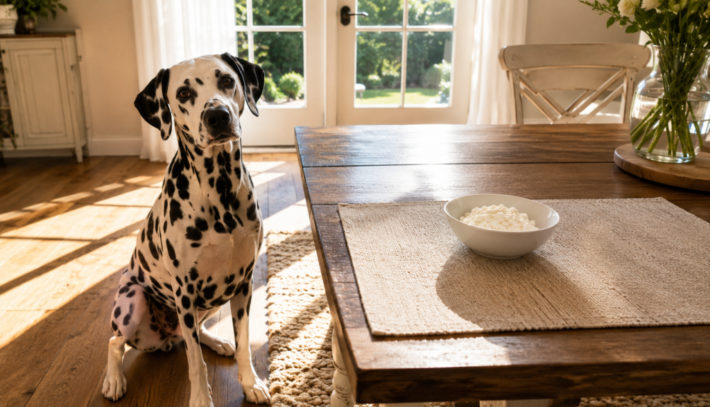 Dalmatian sitting beside bowl of plain cottage cheese at dining table