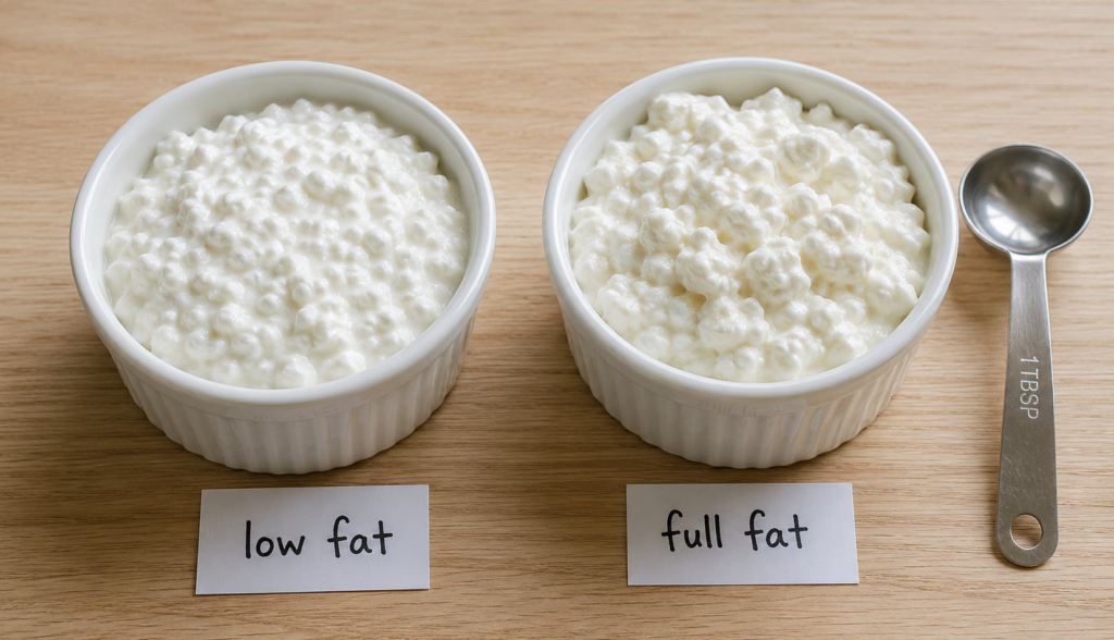 Low fat and full fat cottage cheese comparison in white ramekins