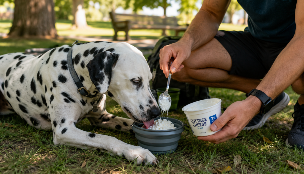  Dalmatian gently eating cottage cheese from travel bowl in park shade