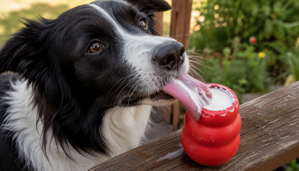 Border Collie licking plain yogurt from Kong toy on outdoor deck