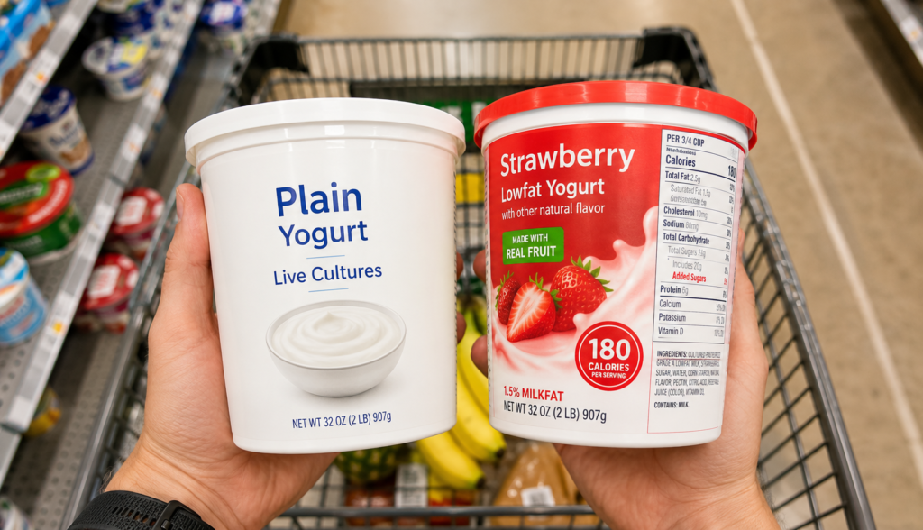 Plain yogurt versus flavored strawberry yogurt label comparison