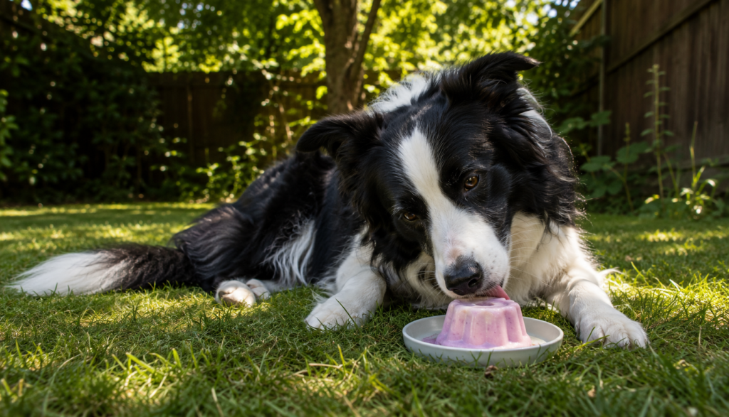 Border Collie enjoying frozen yogurt treat on cool shaded grass