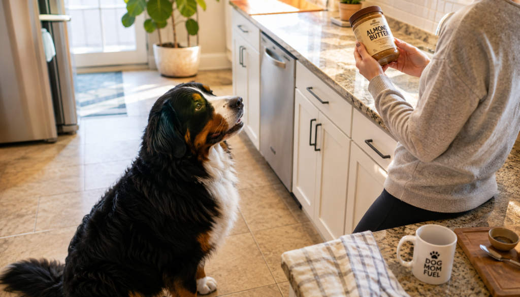 Owner reading almond butter label while Bernese Mountain Dog waits