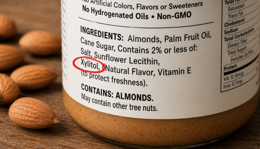 Almond butter ingredient label with xylitol circled in red