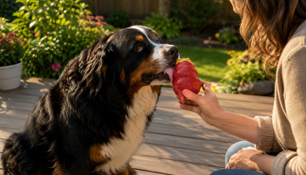 Bernese Mountain Dog licking Kong stuffed with safe almond butter