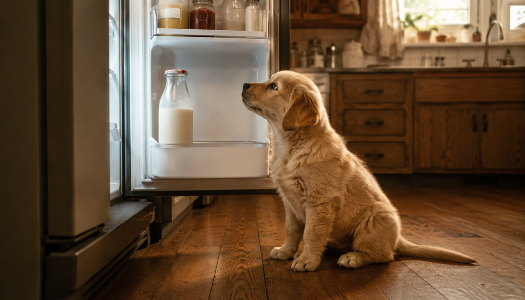 Golden Retriever puppy gazing at milk bottle in open fridge