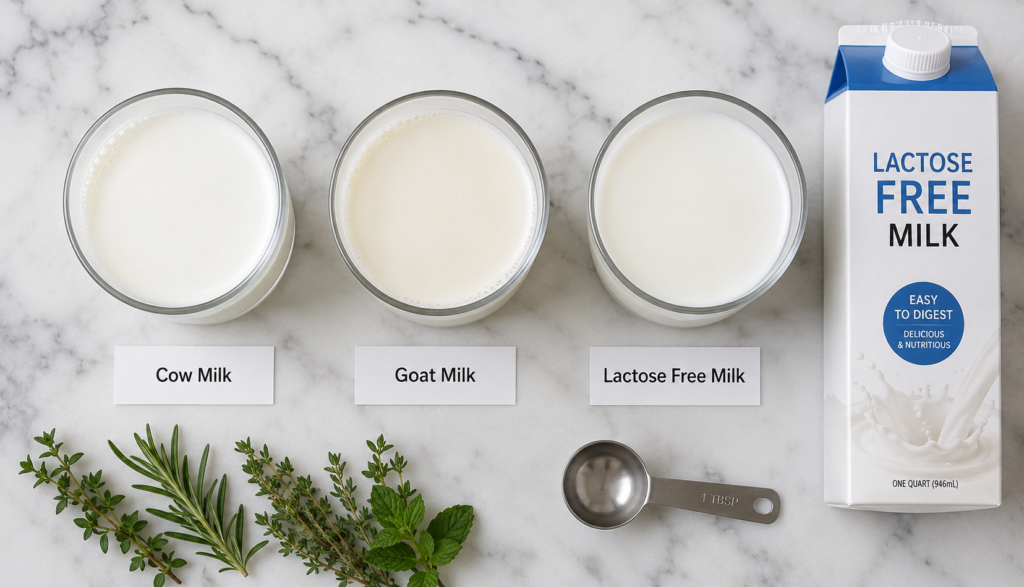Cow milk goat milk and lactose free milk comparison overhead