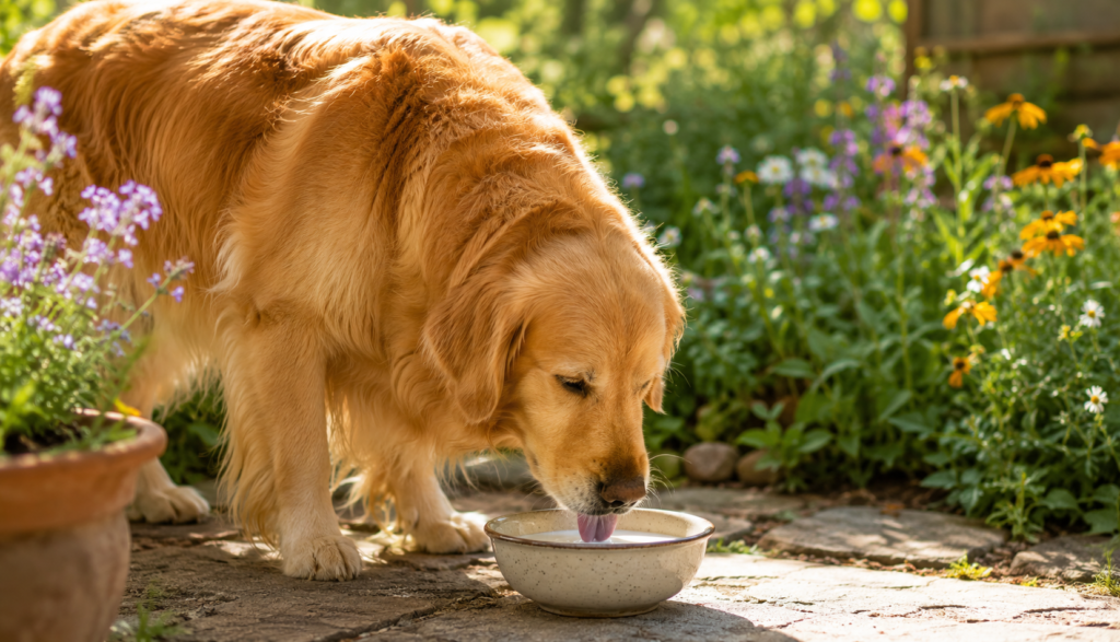 Golden Retriever gently lapping small amount of goat milk outdoors