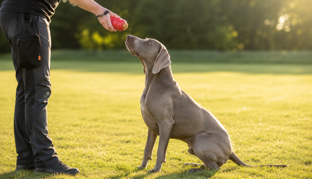 Weimaraner focused on peanut butter Kong during outdoor training