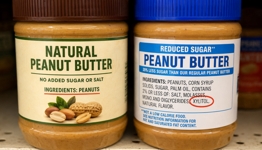 Natural peanut butter beside xylitol-containing reduced sugar brand