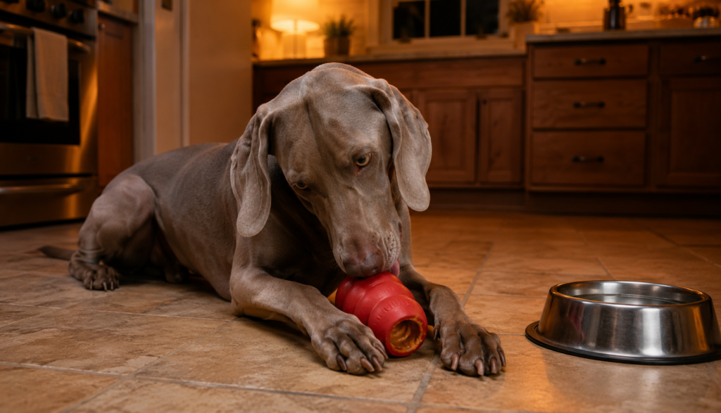 Weimaraner working frozen peanut butter Kong on kitchen floor