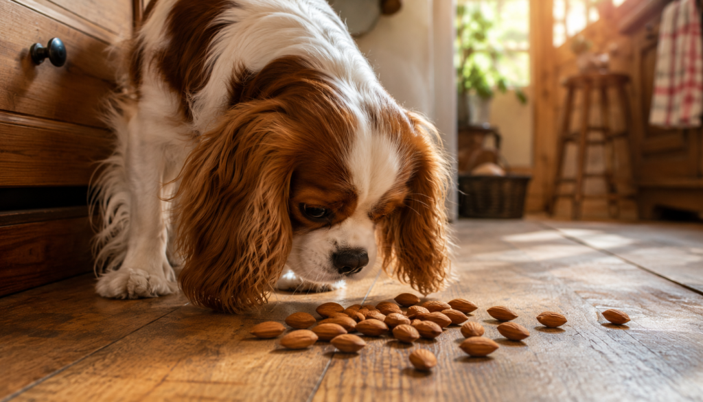 Cavalier King Charles Spaniel sniffing spilled almonds on kitchen floor