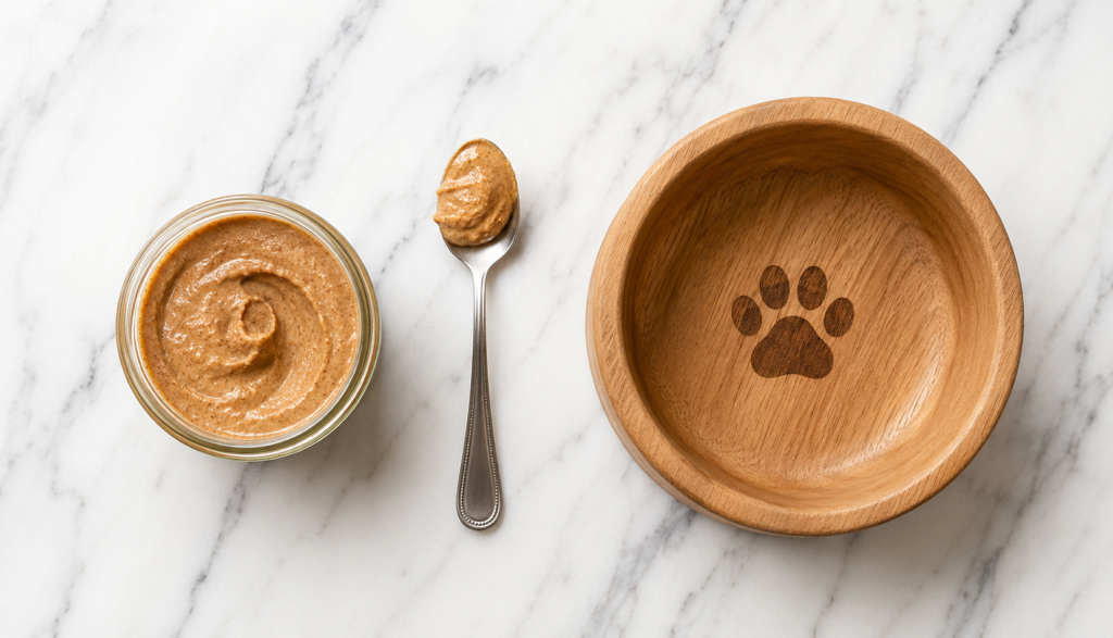 Flat lay of plain almond butter jar and dog bowl on countertop