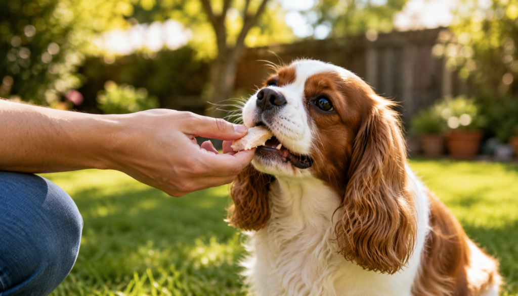 Cavalier King Charles Spaniel eating chicken treat outdoors from owner's hand