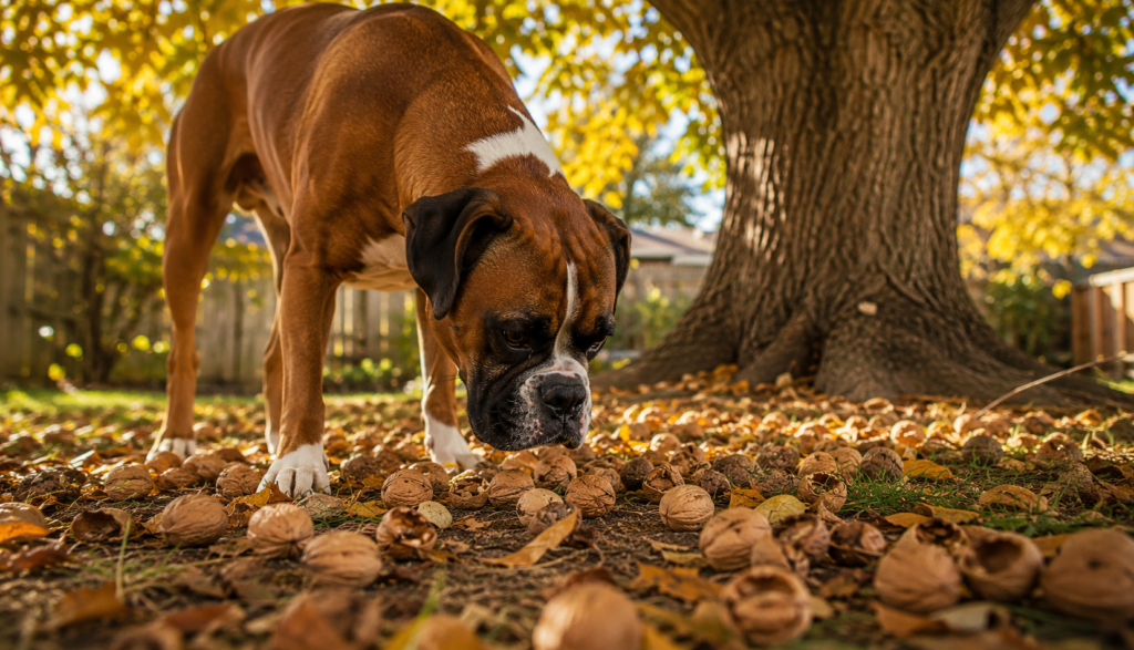 Boxer dog sniffing fallen walnuts under a backyard tree