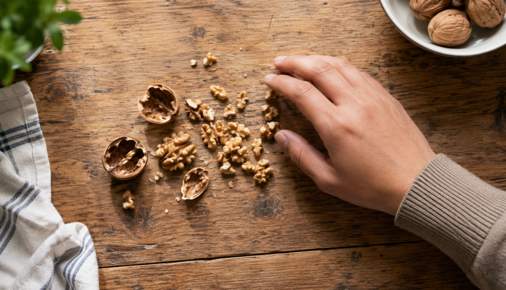 Cracked walnut shells and pieces on a kitchen counter being cleared away