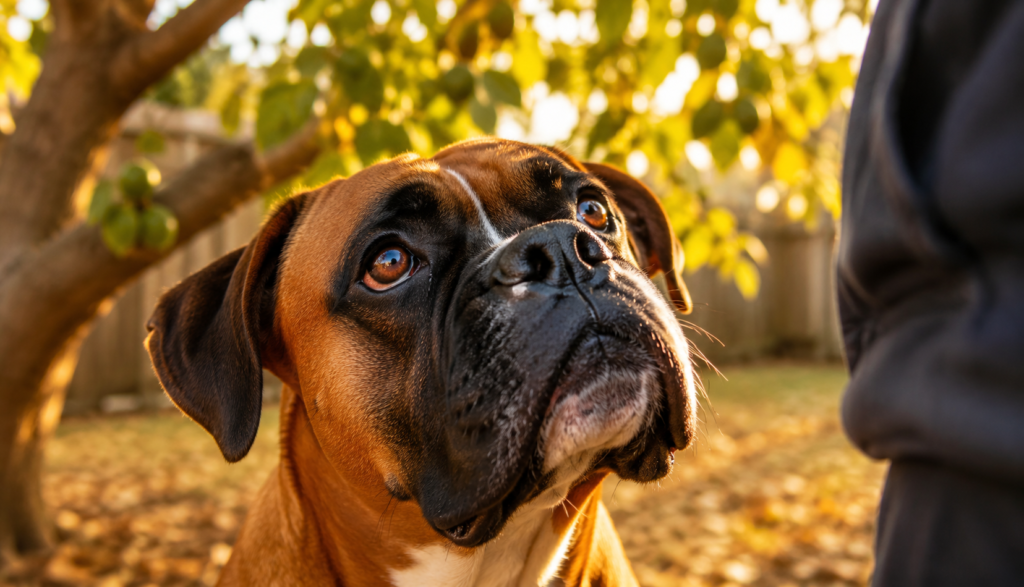 Boxer dog looking up attentively at owner in backyard near walnut tree