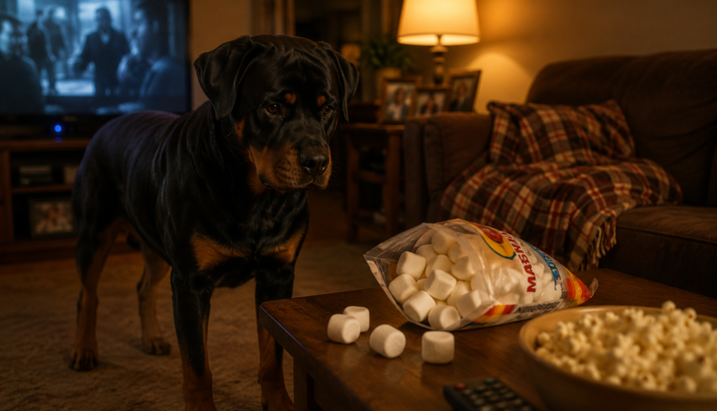 Rottweiler eyeing a bag of marshmallows left on a coffee table