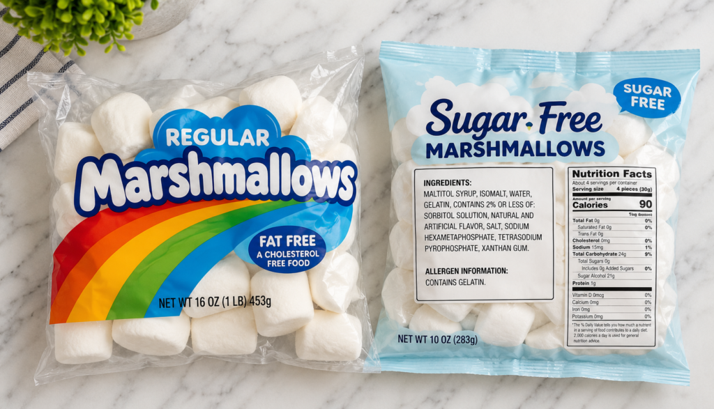 Regular versus sugar-free marshmallow packaging with ingredient label visible