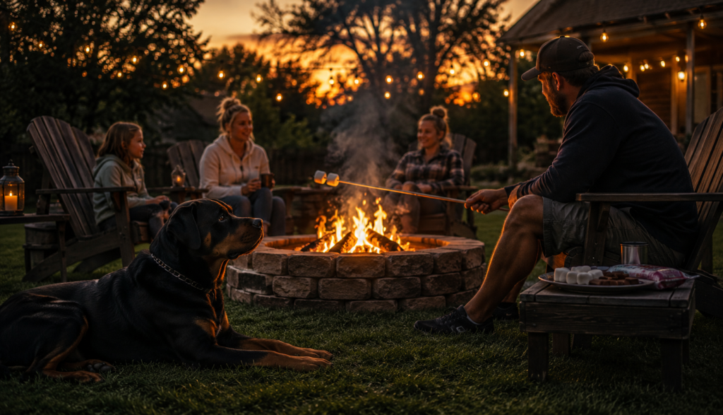 Rottweiler watching family roast marshmallows at a backyard fire pit