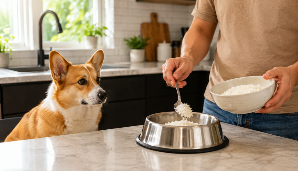 Pembroke Welsh Corgi waiting in kitchen while owner prepares plain rice for dog