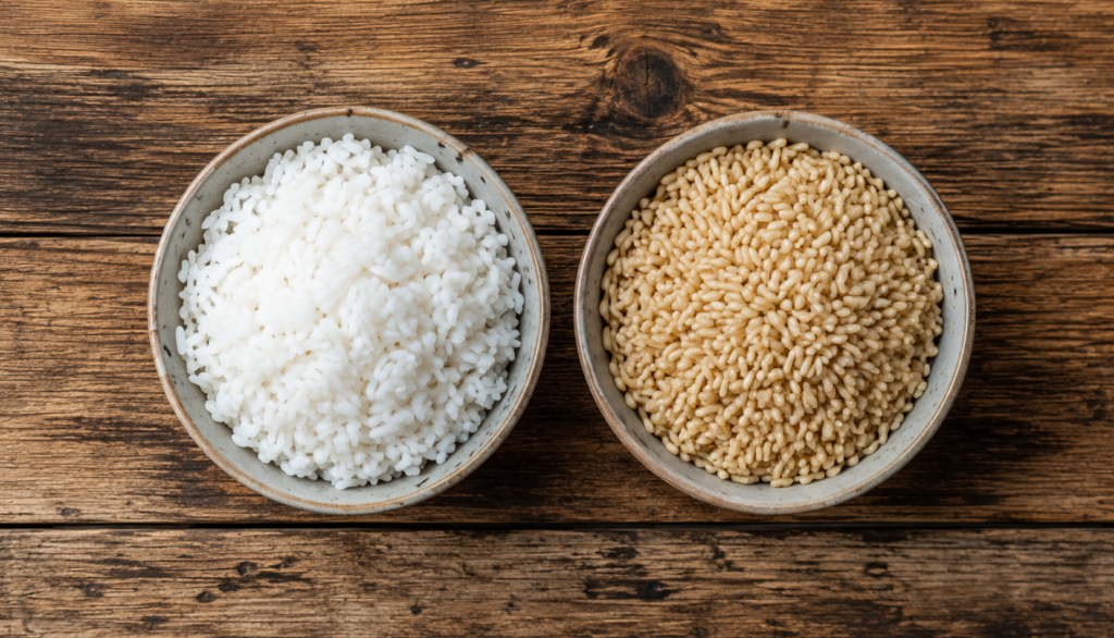 Side-by-side comparison of white rice and brown rice for dogs