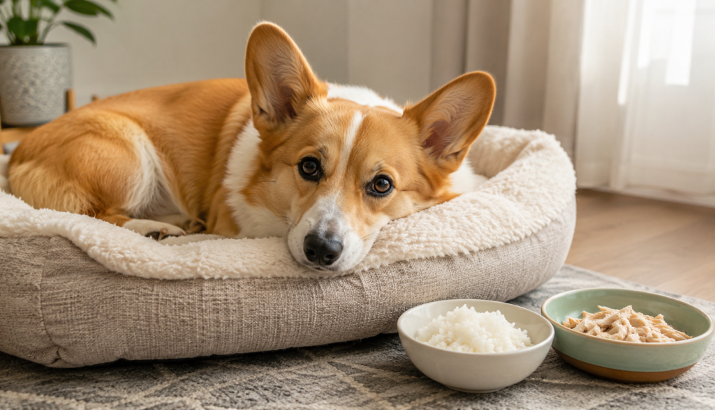 Pembroke Welsh Corgi resting near bland rice and chicken meal for upset stomach recovery
