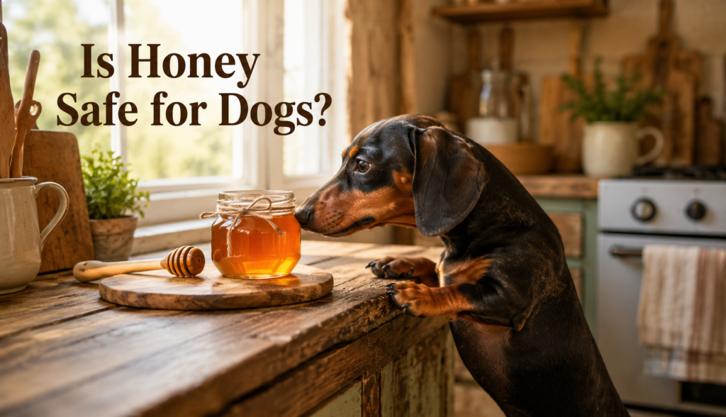 Dachshund sniffing a jar of honey on a kitchen counter.