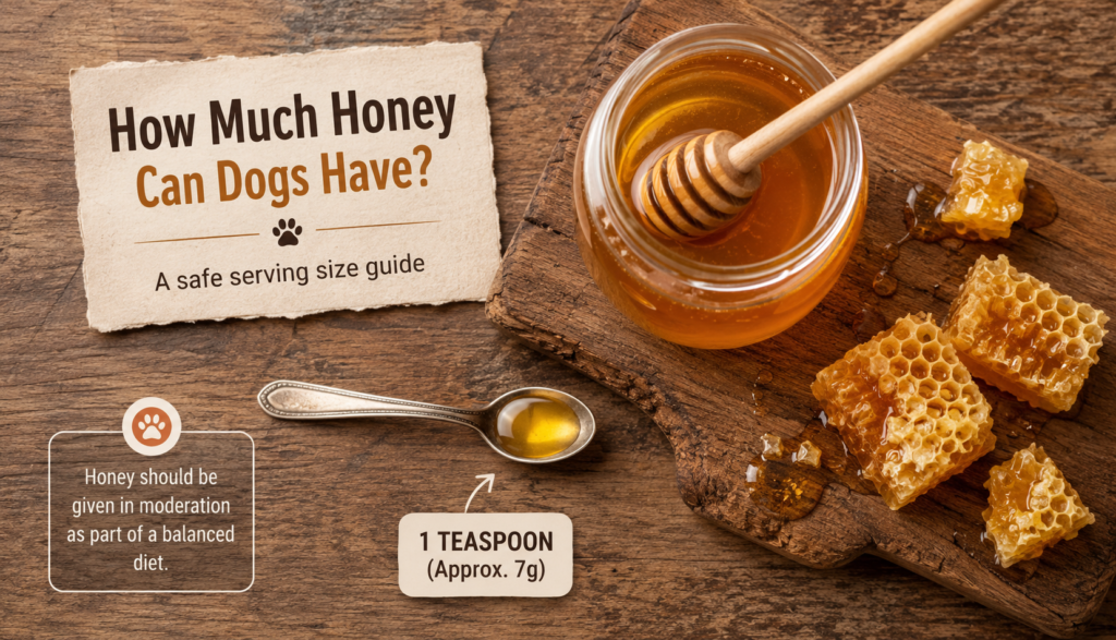 Flat lay of raw honey jar and a teaspoon portion for measuring safe serving size