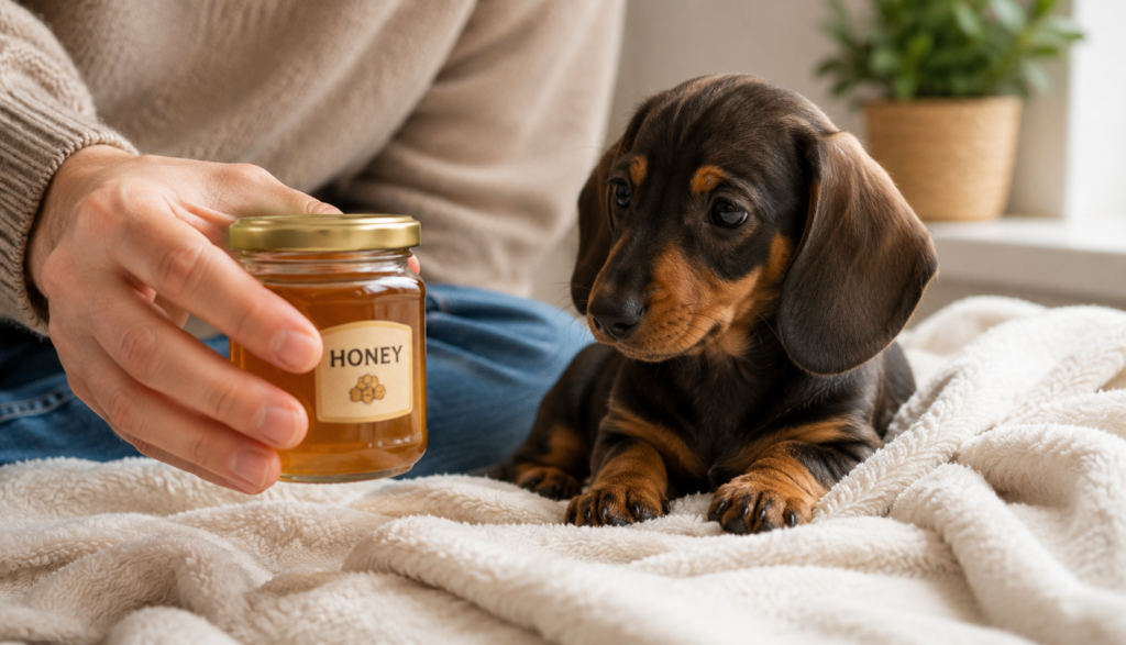 Owner keeping a honey jar away from a young Dachshund puppy.