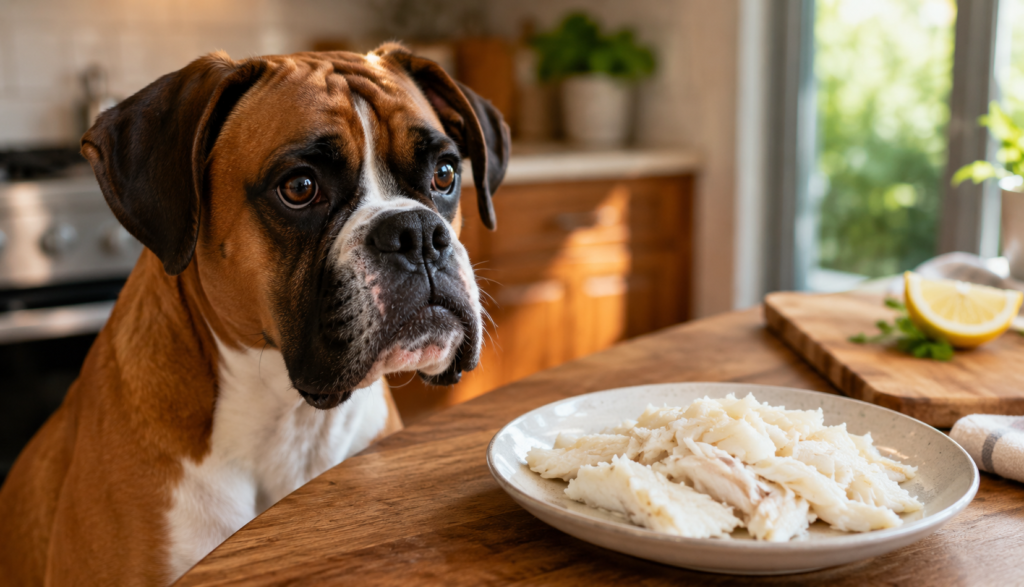 Focused Boxer beside plain cooked tilapia fillet on plate