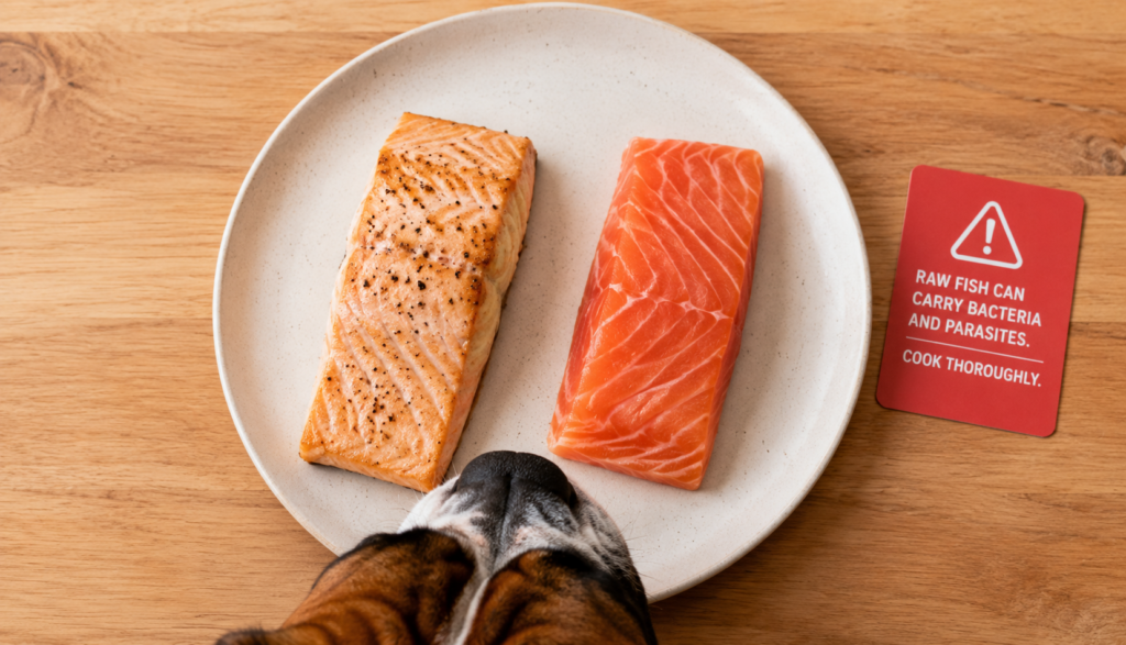 Cooked salmon beside raw salmon showing dog poisoning risk