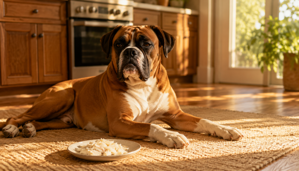 Relaxed Boxer resting near plate of plain cooked fish