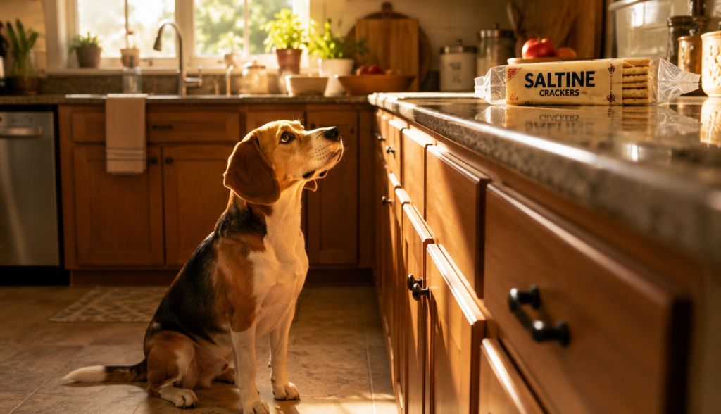Beagle looking up at saltine crackers on kitchen counter