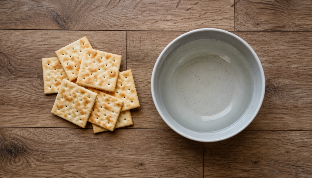 Crackers next to a dog water bowl illustrating sodium and hydration