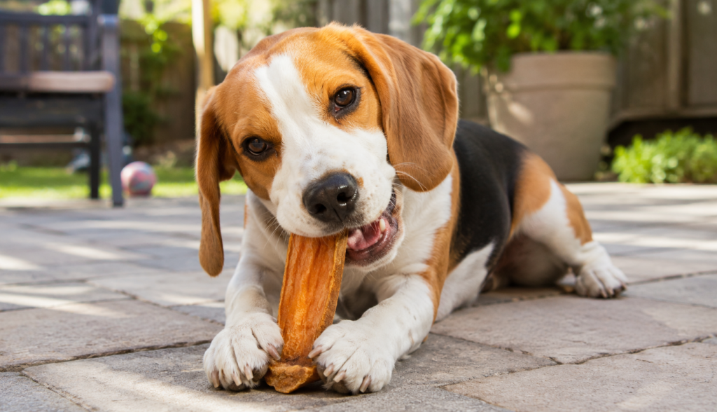 : "Beagle eating a healthy sweet potato chew alternative to crackers"