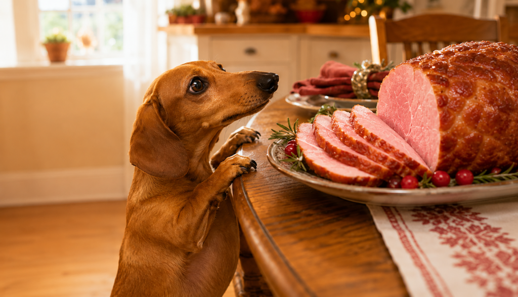 Eager Dachshund reaching toward holiday ham plate on table