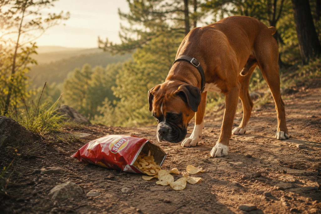 Boxer dog sniffing a dropped bag of potato chips on a hiking trail