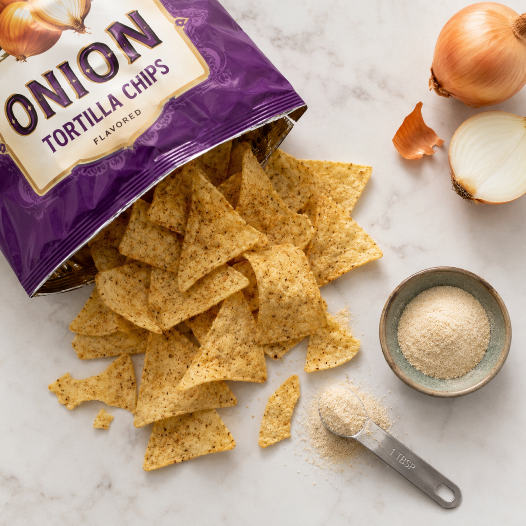 Flat lay of flavored tortilla chips and onion powder seasoning on a kitchen counter